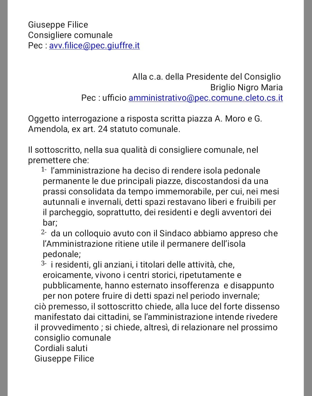 Presentata interrogazione sulle aree pedonali delle piazze principali di Cleto