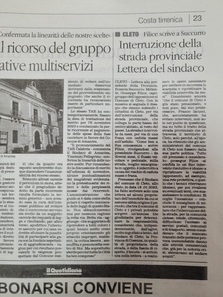 Articolo lettera provincia