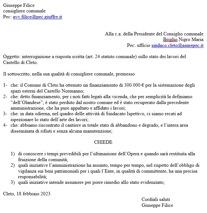 È vergognoso come si è lasciato ridurre il Castello di Cleto, il bene più significativo di questa comunità!