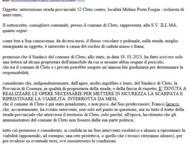 Lettera di Giuseppe Filice, Consigliere comunale di minoranza a Cleto, alla Presidente della Provincia, sull’interruzione della strada Provinciale a Cleto in località mulino-Porta Forgia.