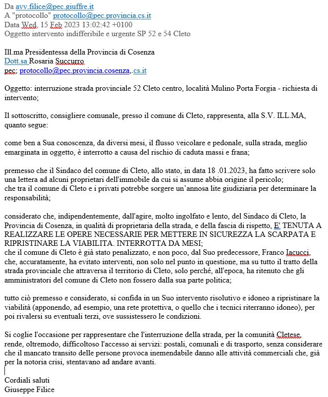 Lettera di Giuseppe Filice, Consigliere comunale di minoranza a Cleto, alla Presidente della Provincia, sull’interruzione della strada Provinciale a Cleto in località mulino-Porta Forgia.