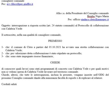 Ma cosa ne è stato del protocollo di intese fra Calabria verde e Comune di Cleto? E dove sono finiti gli operai?