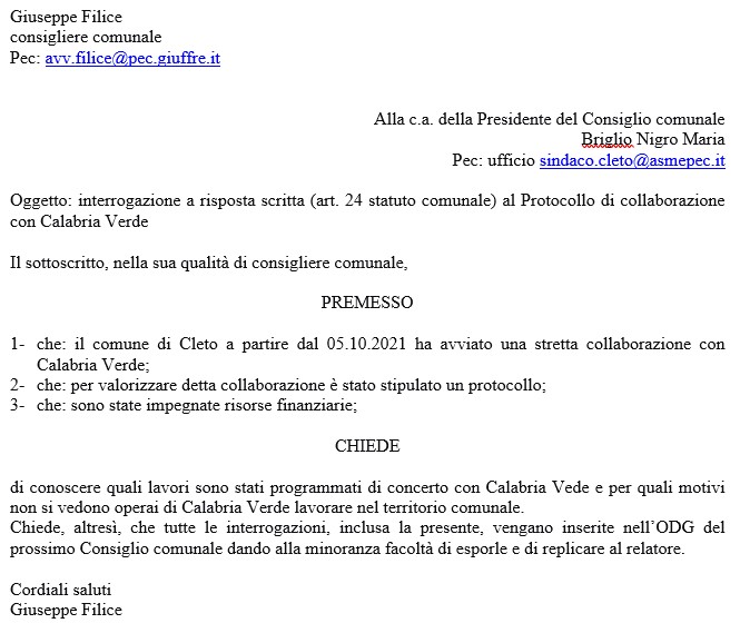 Ma cosa ne è stato del protocollo di intese fra Calabria verde e Comune di Cleto? E dove sono finiti gli operai?